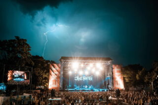 NOVI SAD, SERBIA - JULY 07 : Lightning above main stage during Jake Bugg perform on the Exit Festival 2017, Summer of love edition